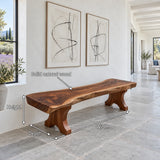 Wood Bench with Live-Edge Slab Seat on Two Sculpted Flared-Foot Trestle Legs - Arboriswood - 7