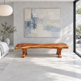 Wood Bench with Live-Edge Slab Seat on Two Sculpted Flared-Foot Trestle Legs - Arboriswood - 8