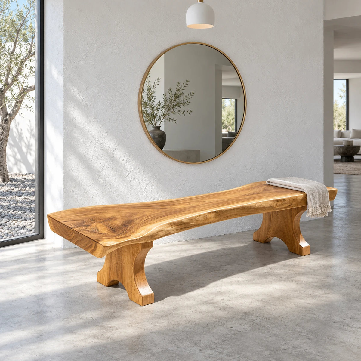 Wood Bench with Live-Edge Slab Seat on Two Sculpted Flared-Foot Trestle Legs - Arboriswood - 9
