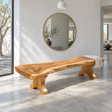 Wood Bench with Live-Edge Slab Seat on Two Sculpted Flared-Foot Trestle Legs - Arboriswood - 9