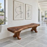 Wood Bench with Live-Edge Slab Seat on Two Sculpted Flared-Foot Trestle Legs - Arboriswood