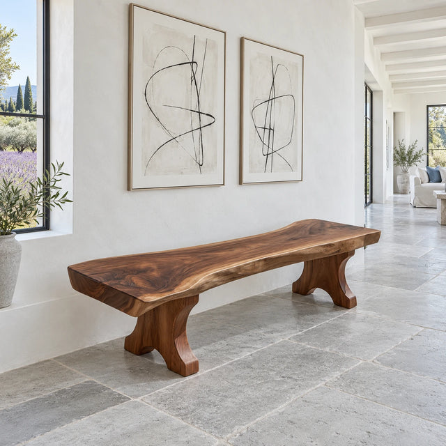 Wood Bench with Live-Edge Slab Seat on Two Sculpted Flared-Foot Trestle Legs - Arboriswood