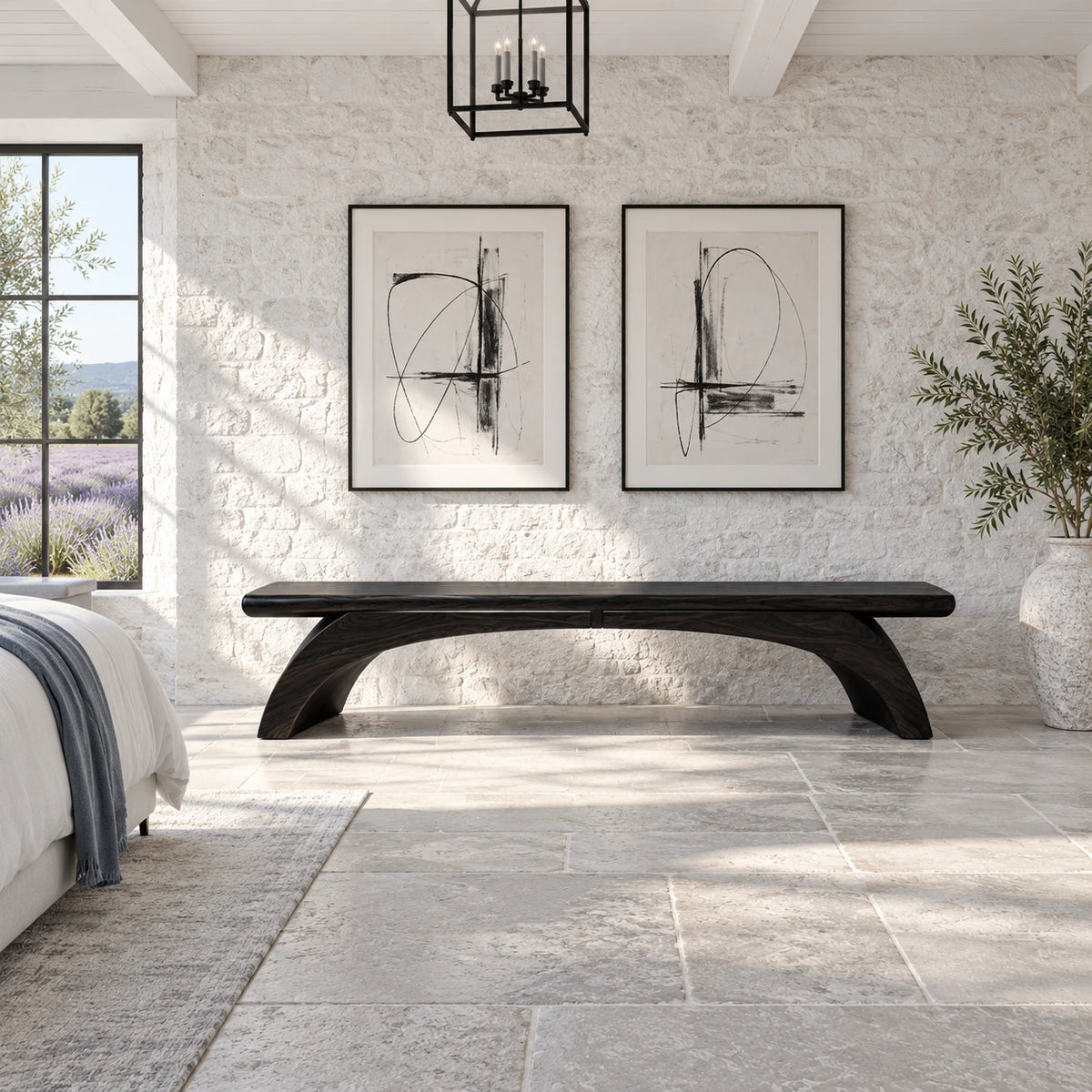 Wood Bench with Thick Rectangular Slab Top on Twin-Curve Open Arch Base - Arboriswood - 10
