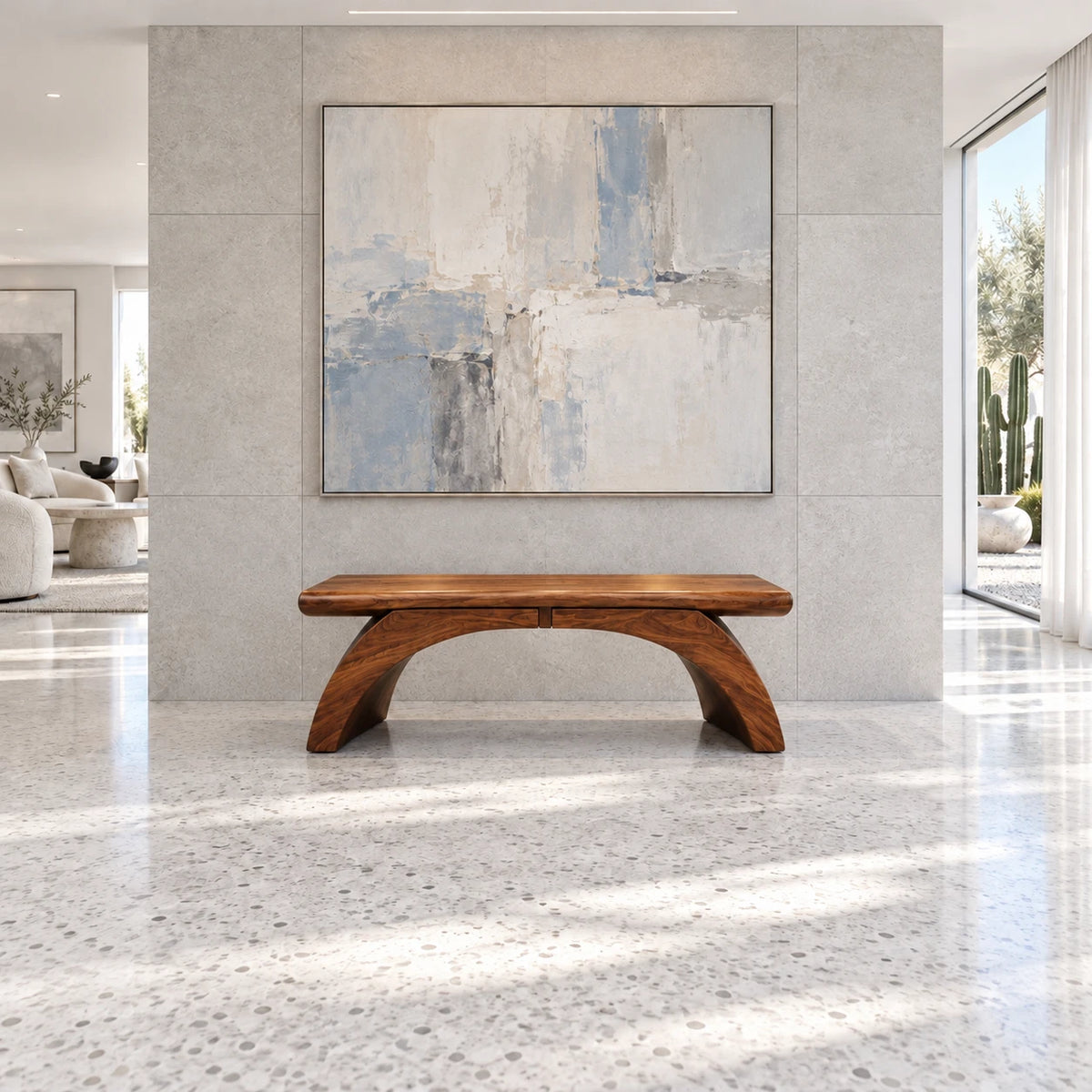 Wood Bench with Thick Rectangular Slab Top on Twin-Curve Open Arch Base - Arboriswood - 11
