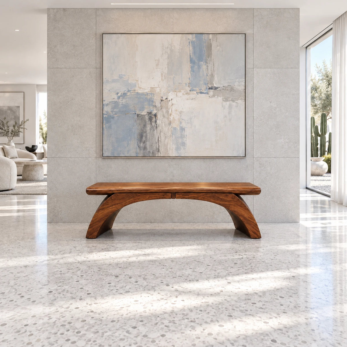 Wood Bench with Thick Rectangular Slab Top on Twin-Curve Open Arch Base - Arboriswood - 12