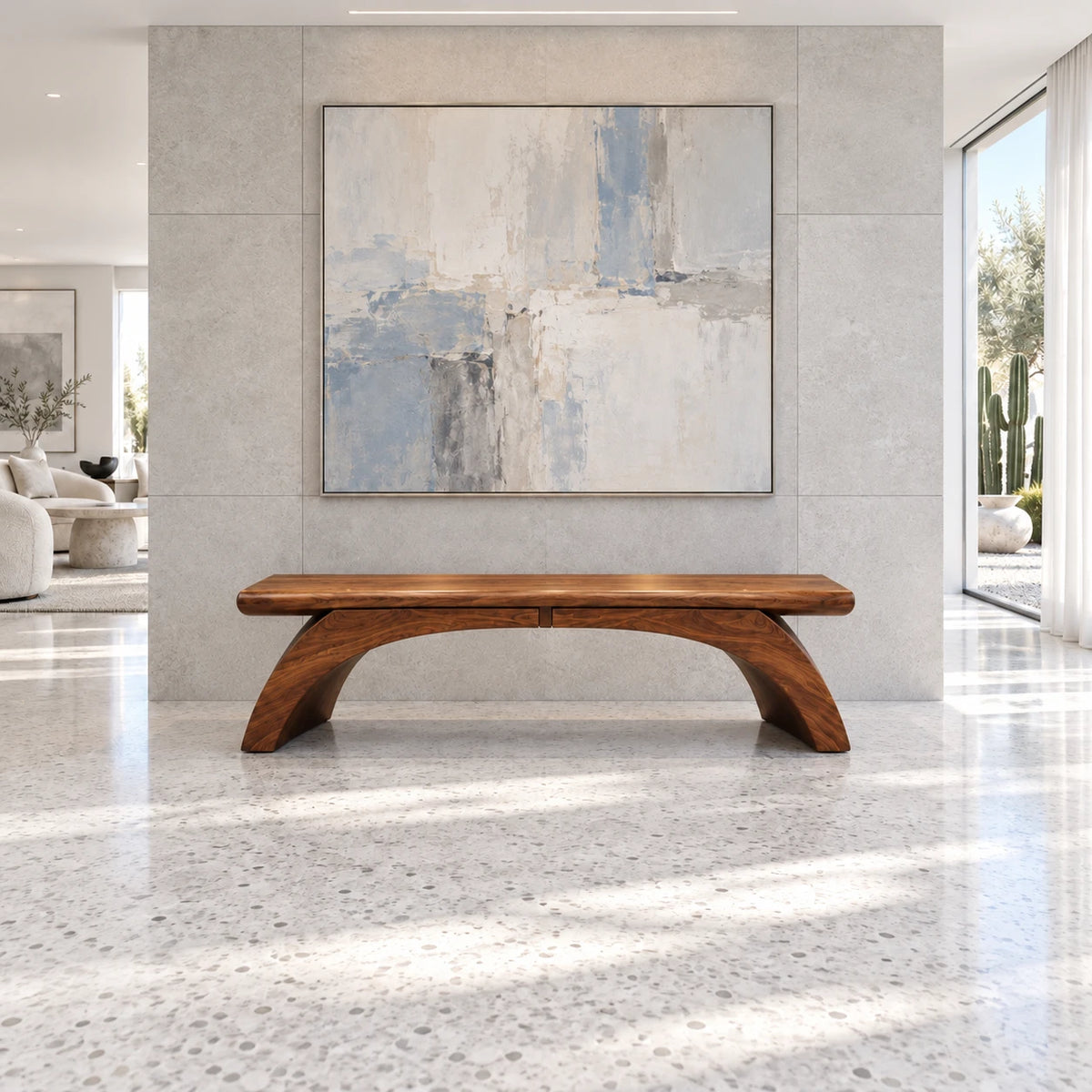 Wood Bench with Thick Rectangular Slab Top on Twin-Curve Open Arch Base - Arboriswood - 13