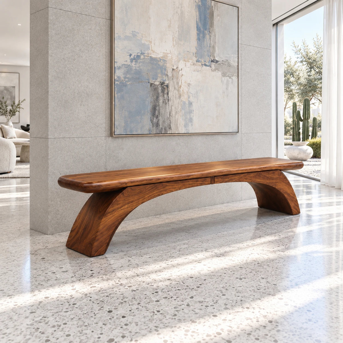 Wood Bench with Thick Rectangular Slab Top on Twin-Curve Open Arch Base - Arboriswood - 2