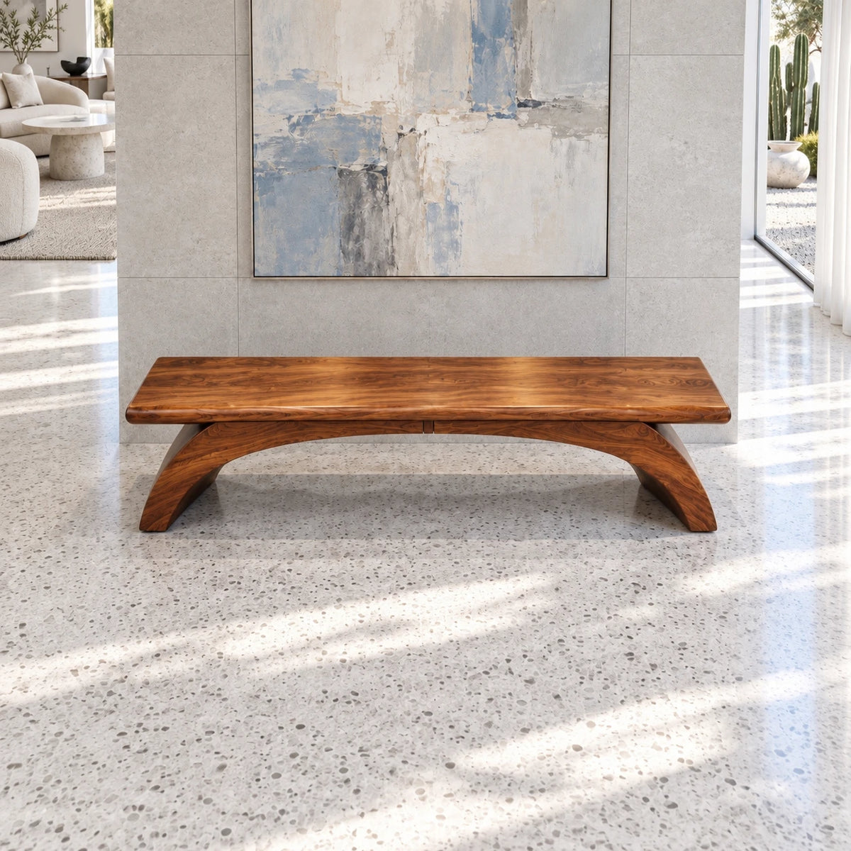 Wood Bench with Thick Rectangular Slab Top on Twin-Curve Open Arch Base - Arboriswood - 5
