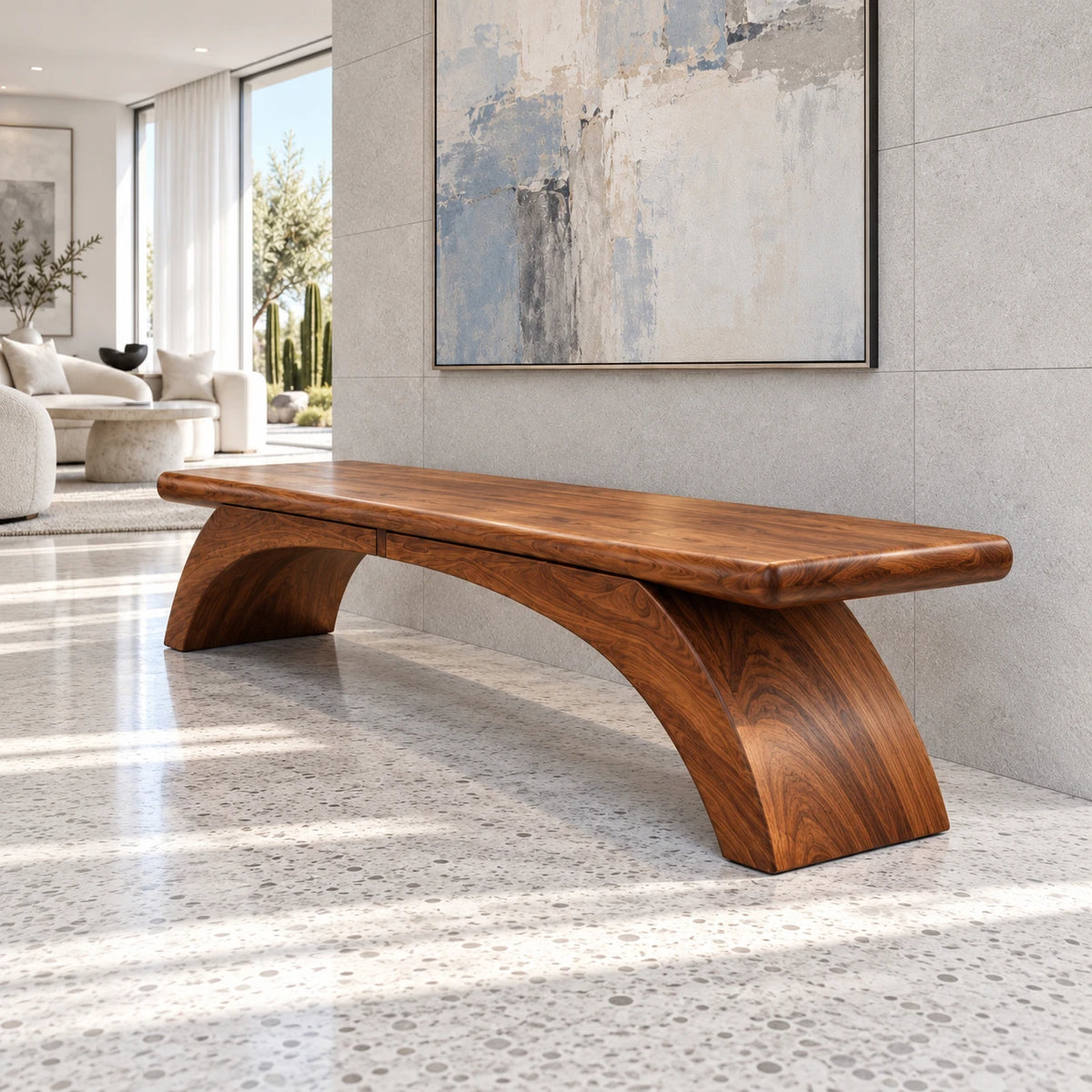 Wood Bench with Thick Rectangular Slab Top on Twin-Curve Open Arch Base - Arboriswood - 6