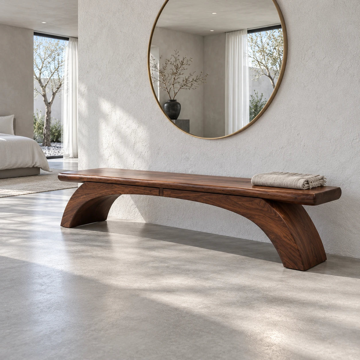 Wood Bench with Thick Rectangular Slab Top on Twin-Curve Open Arch Base - Arboriswood - 8