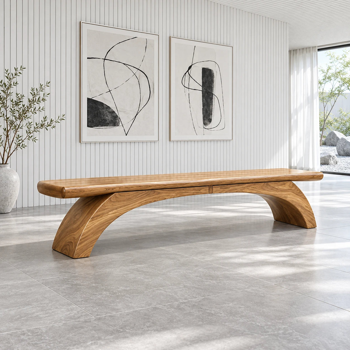 Wood Bench with Thick Rectangular Slab Top on Twin-Curve Open Arch Base - Arboriswood - 9