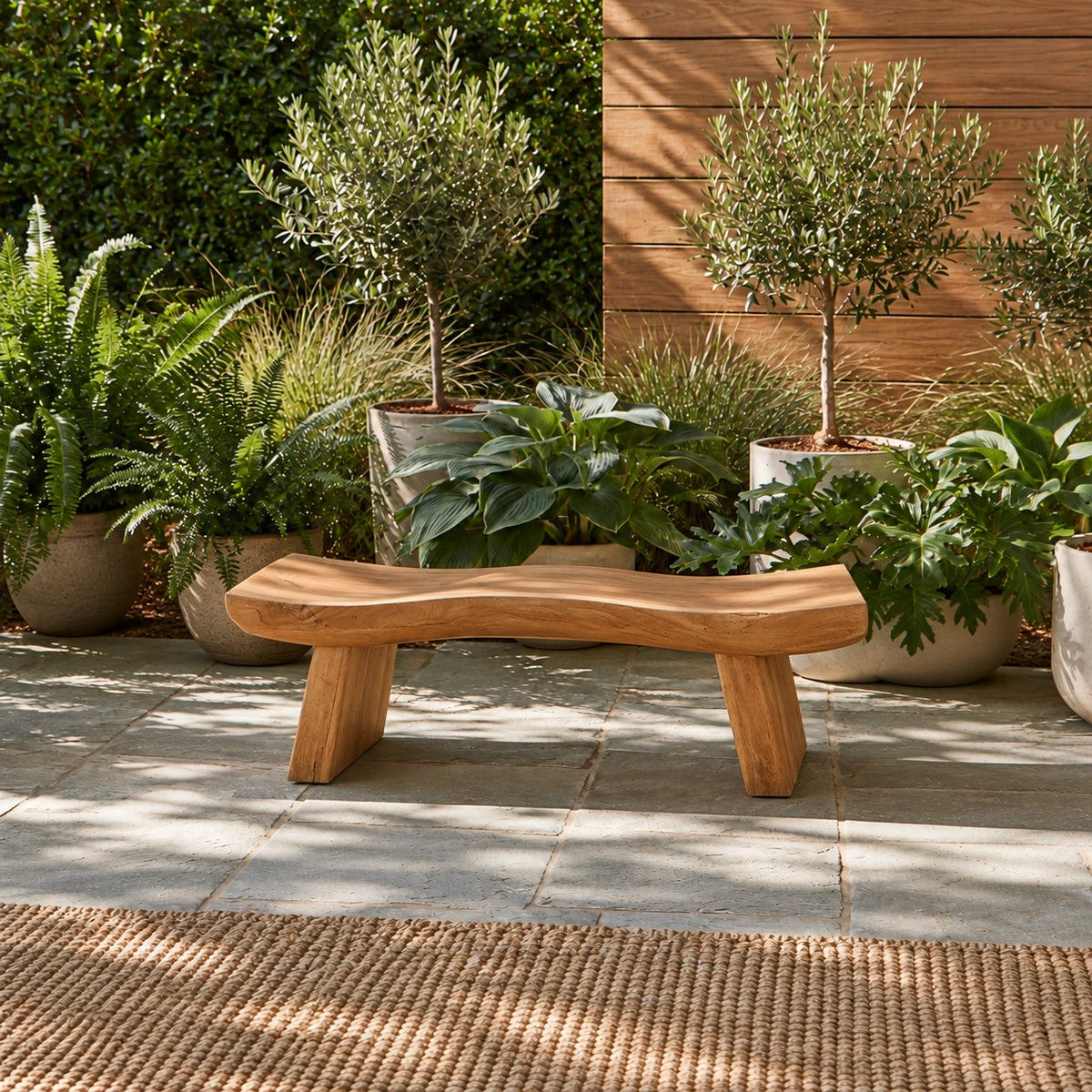 Wood Bench with Undulating Live-Edge Slab Seat on Twin Splayed Block Feet - Arboriswood - 11
