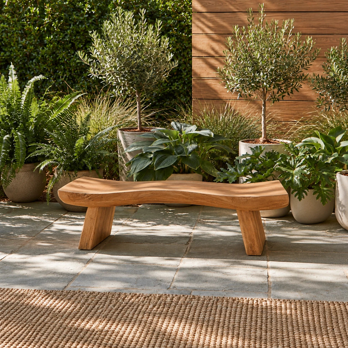Wood Bench with Undulating Live-Edge Slab Seat on Twin Splayed Block Feet - Arboriswood - 12