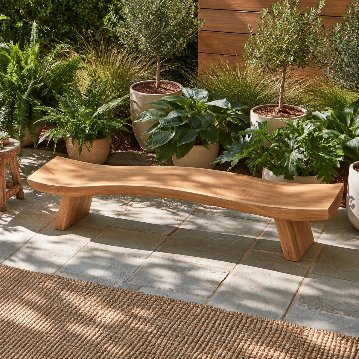 Wood Bench with Undulating Live-Edge Slab Seat on Twin Splayed Block Feet - Arboriswood - 5