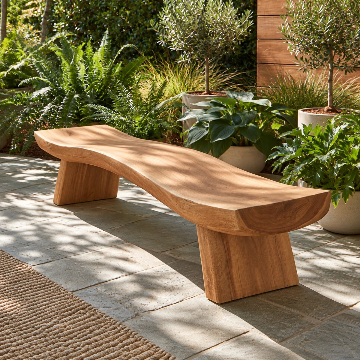 Wood Bench with Undulating Live-Edge Slab Seat on Twin Splayed Block Feet - Arboriswood - 6