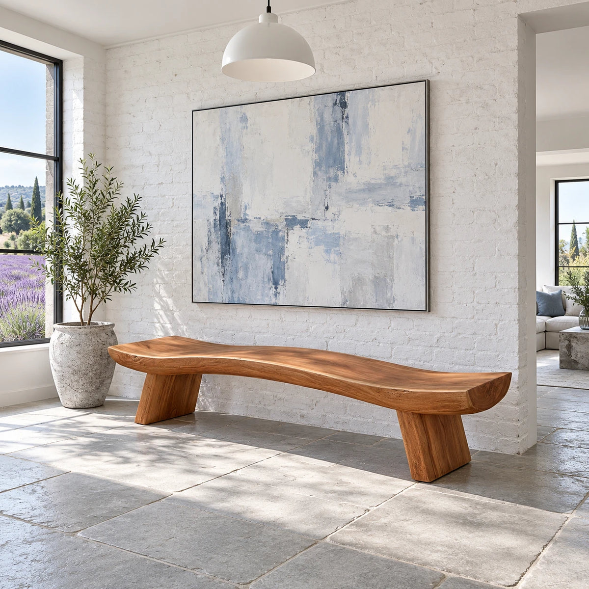Wood Bench with Undulating Live-Edge Slab Seat on Twin Splayed Block Feet - Arboriswood - 9