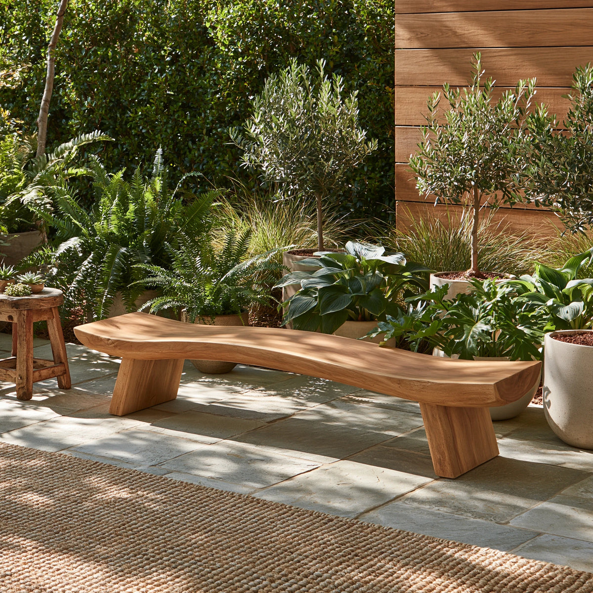 Wood Bench with Undulating Live-Edge Slab Seat on Twin Splayed Block Feet - Arboriswood