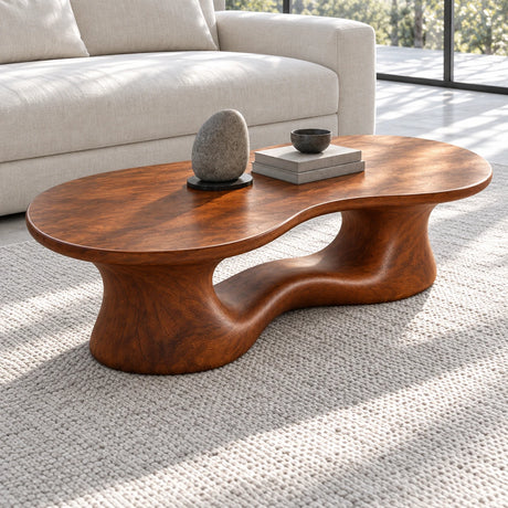Wood Coffee Table with Peanut Slab Top on Single Pierced Wavy-Wall Pedestal - Arboriswood - 2