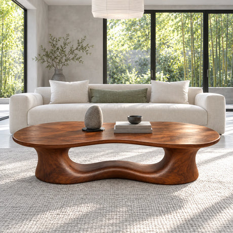Wood Coffee Table with Peanut Slab Top on Single Pierced Wavy-Wall Pedestal - Arboriswood