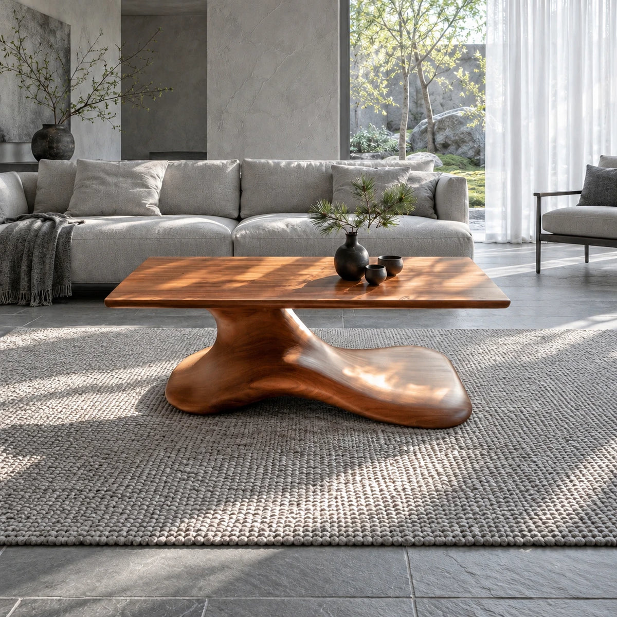 Wood Coffee Table with Thin Flat Slab Top on Single Splayed Lobed-Foot Pedestal - Arboriswood - 12