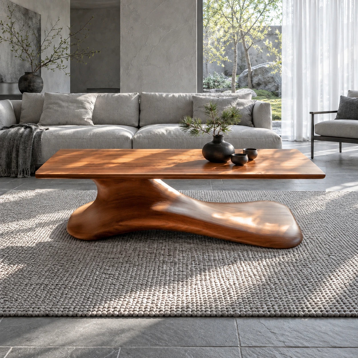 Wood Coffee Table with Thin Flat Slab Top on Single Splayed Lobed-Foot Pedestal - Arboriswood - 13