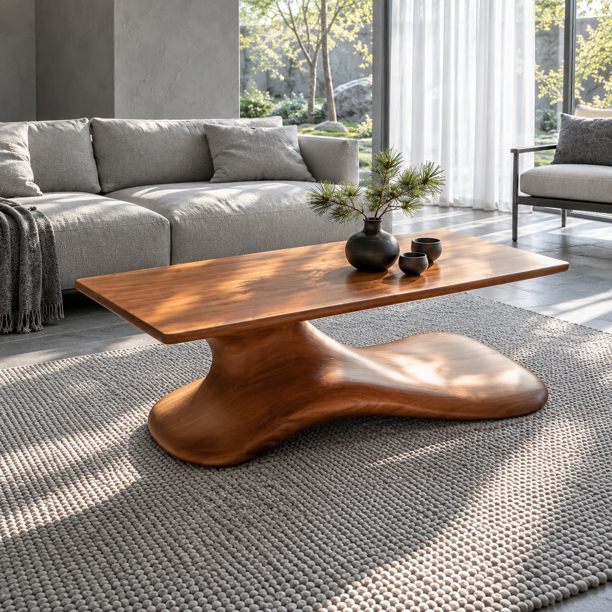Wood Coffee Table with Thin Flat Slab Top on Single Splayed Lobed-Foot Pedestal - Arboriswood - 2