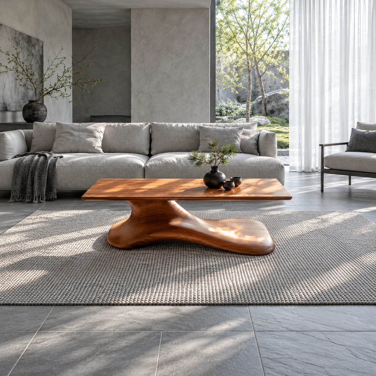 Wood Coffee Table with Thin Flat Slab Top on Single Splayed Lobed-Foot Pedestal - Arboriswood - 3