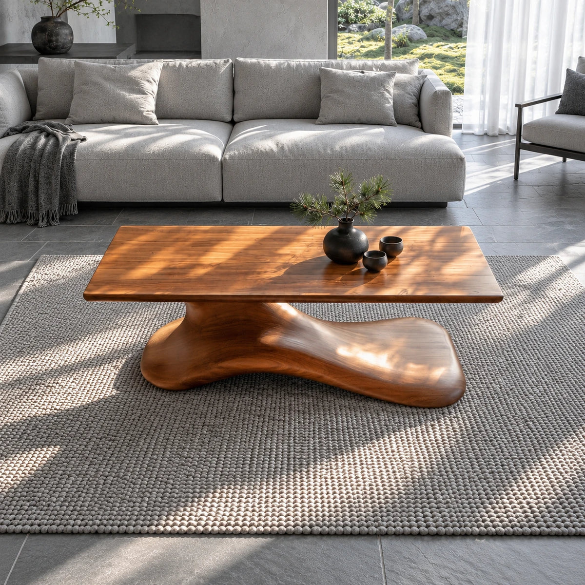 Wood Coffee Table with Thin Flat Slab Top on Single Splayed Lobed-Foot Pedestal - Arboriswood - 5