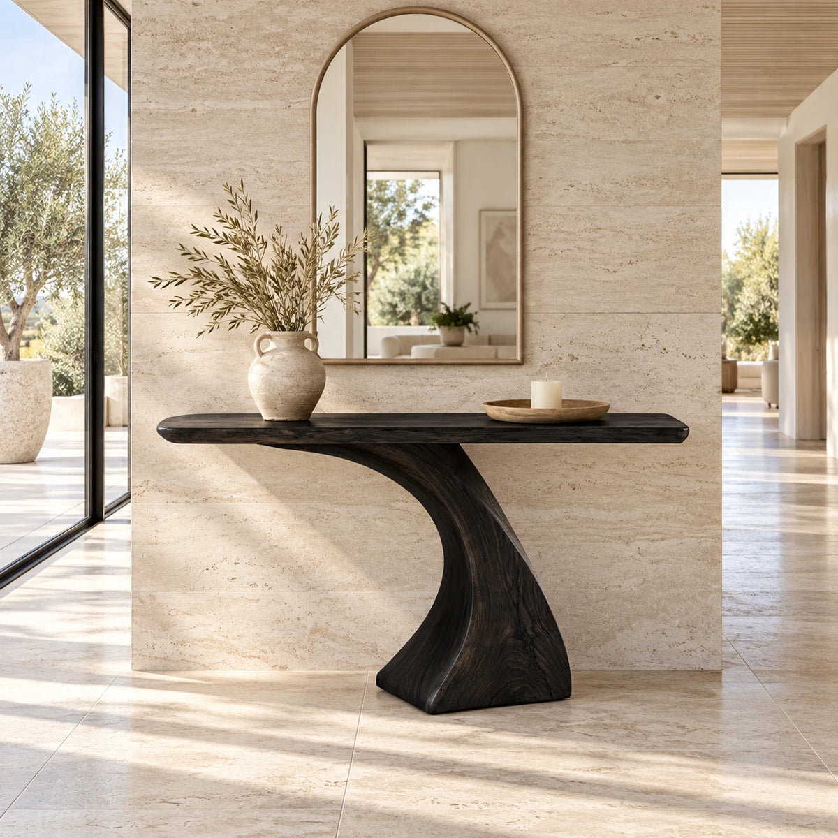 Wood Console Table with Sculptural Carved Pedestal Base, Narrow Entryway - Arboriswood - 10