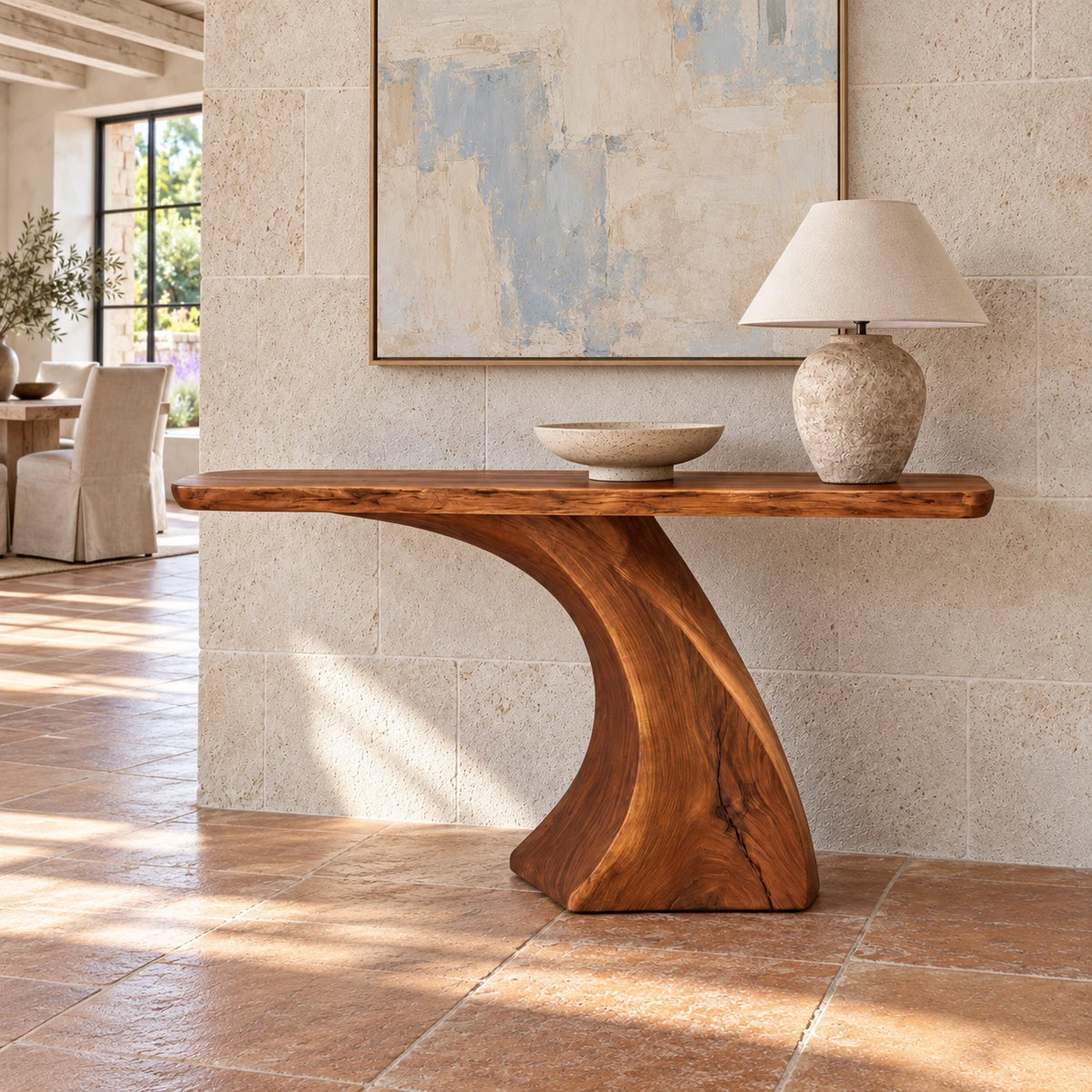Wood Console Table with Sculptural Carved Pedestal Base, Narrow Entryway - Arboriswood - 2