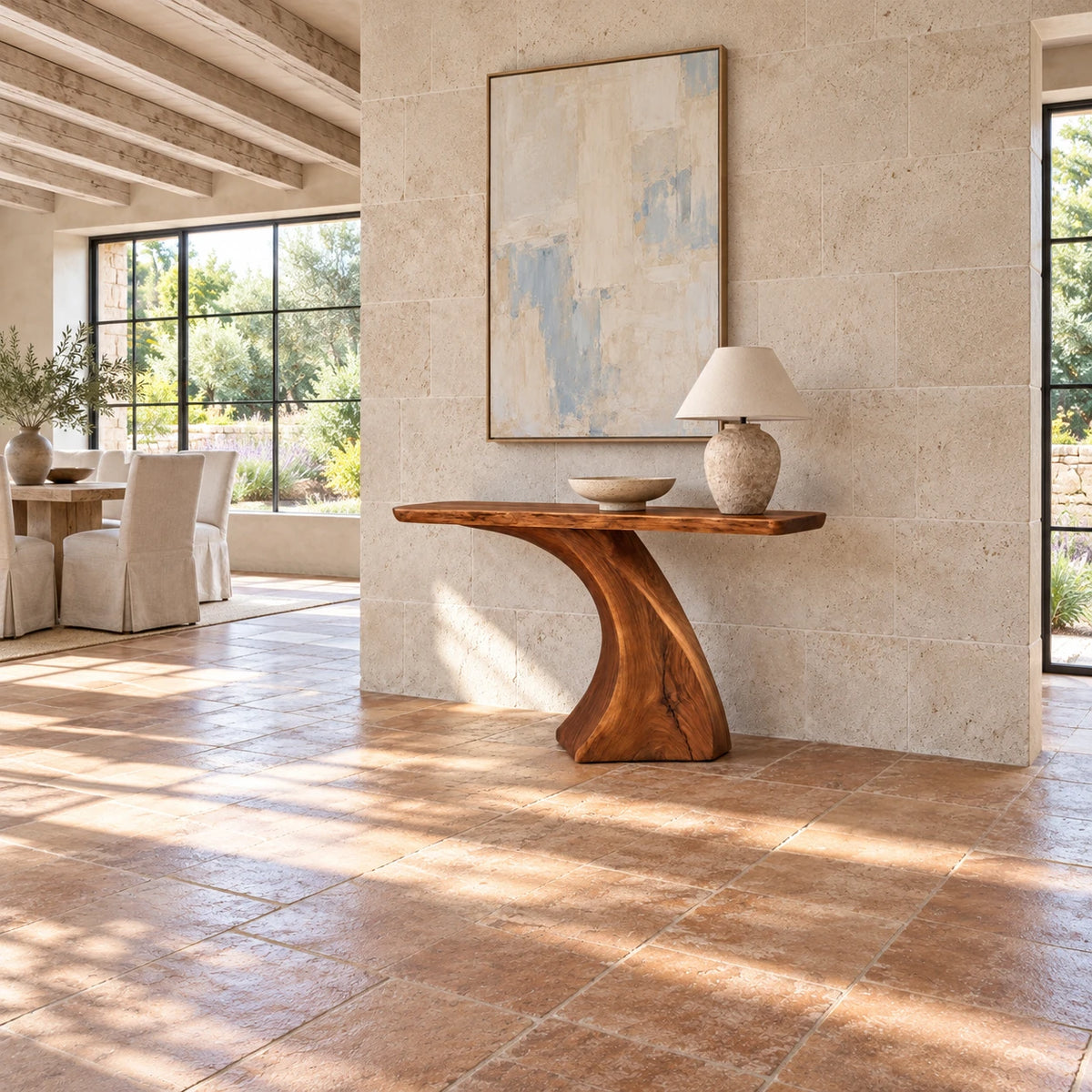 Wood Console Table with Sculptural Carved Pedestal Base, Narrow Entryway - Arboriswood - 3