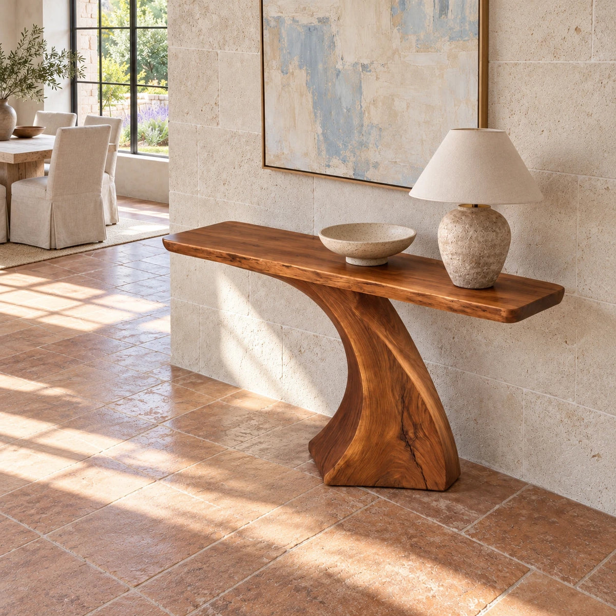 Wood Console Table with Sculptural Carved Pedestal Base, Narrow Entryway - Arboriswood - 5