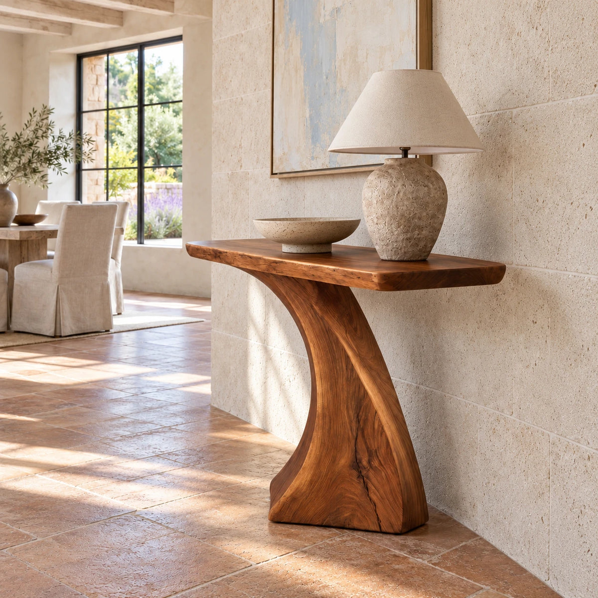 Wood Console Table with Sculptural Carved Pedestal Base, Narrow Entryway - Arboriswood - 6