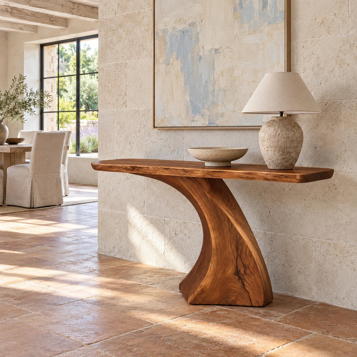 Wood Console Table with Sculptural Carved Pedestal Base, Narrow Entryway - Arboriswood
