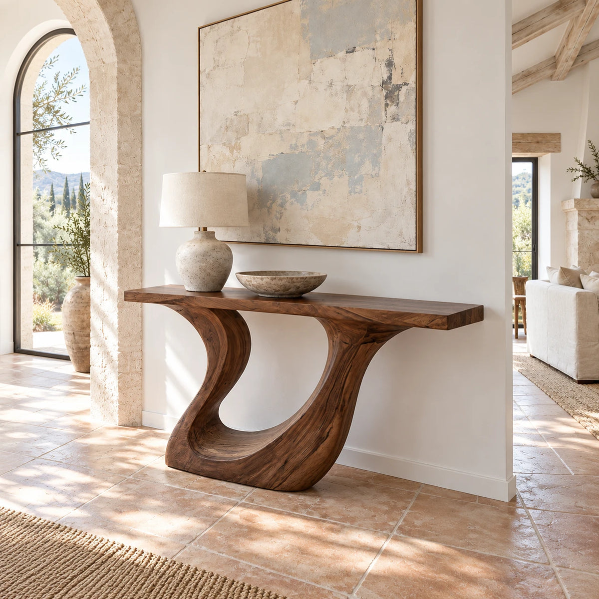 Wood Console Table with Sculptural Carved Pedestal Base, Solid Entryway Piece - Arboriswood - 2