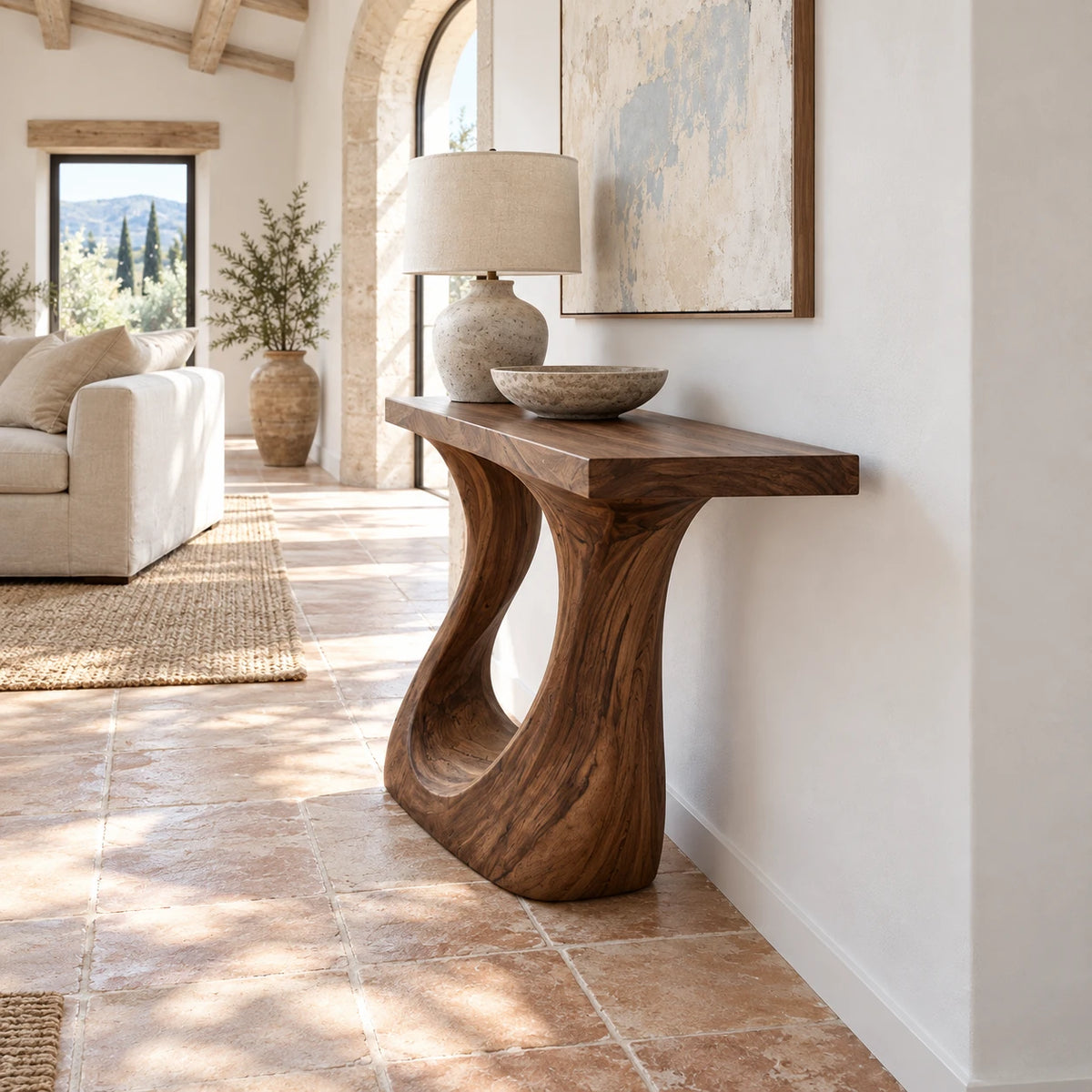 Wood Console Table with Sculptural Carved Pedestal Base, Solid Entryway Piece - Arboriswood - 6
