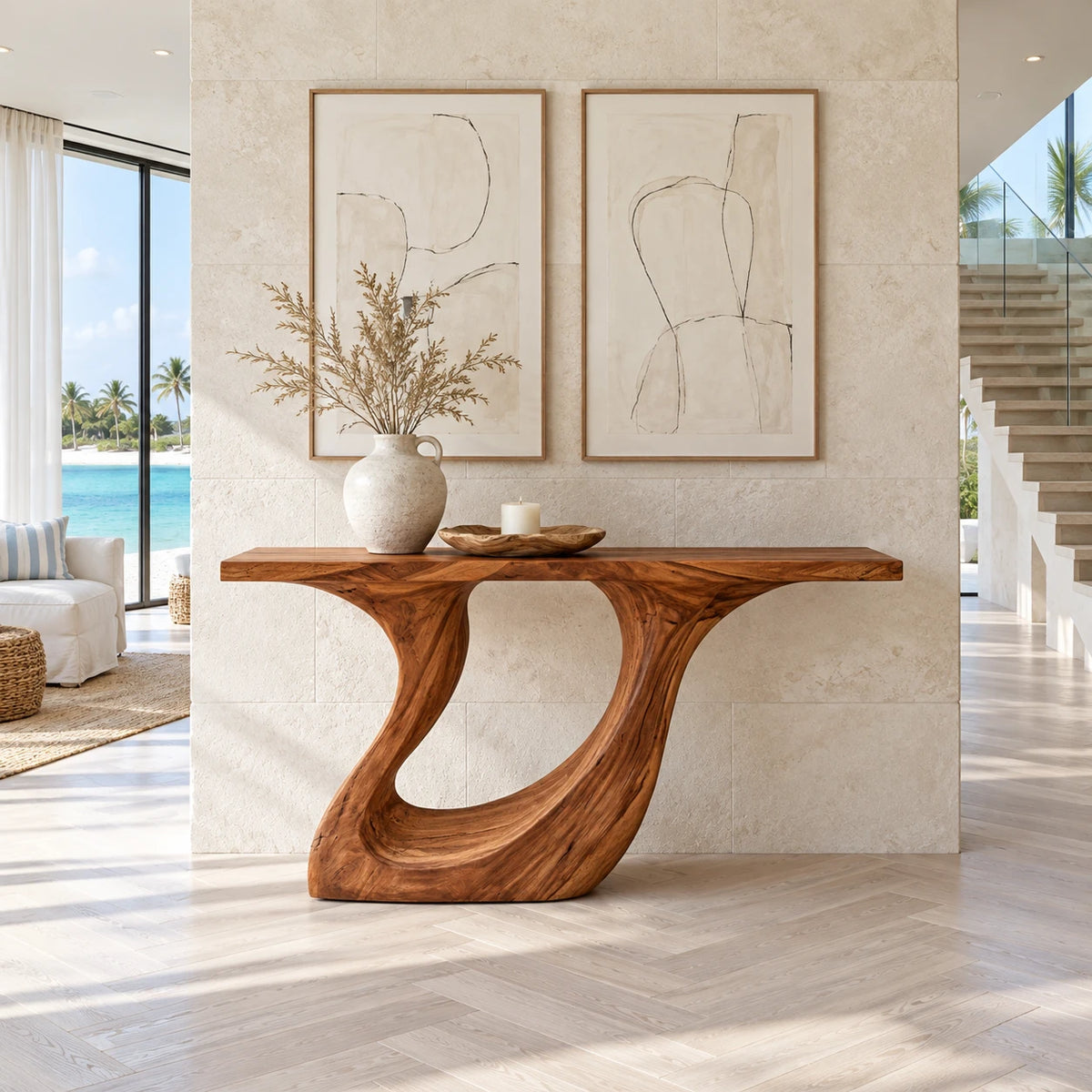 Wood Console Table with Sculptural Carved Pedestal Base, Solid Entryway Piece - Arboriswood - 9