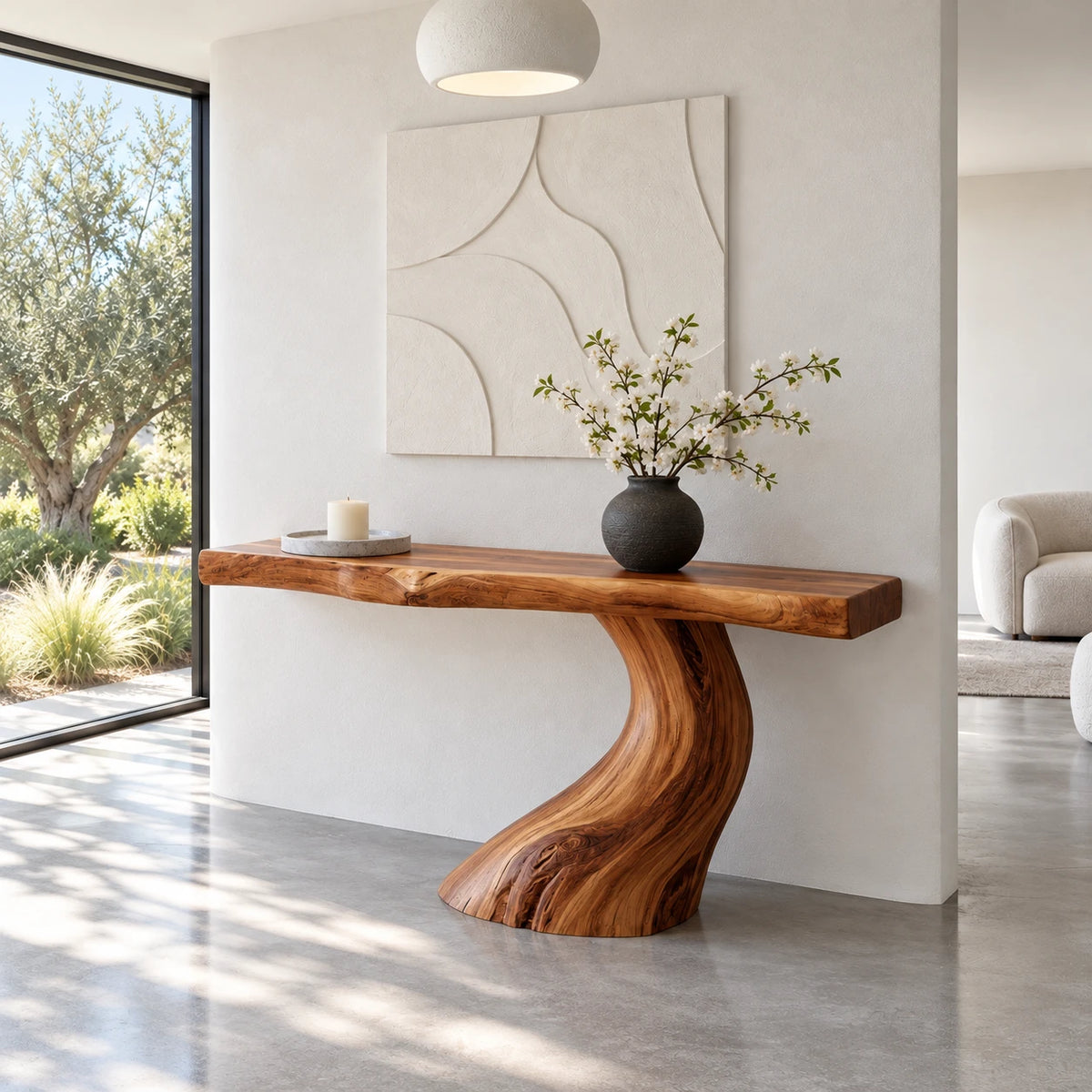 Wood Console Table with Single S-Curve Trunk Pedestal and Live-Edge Slab Top - Arboriswood - 2