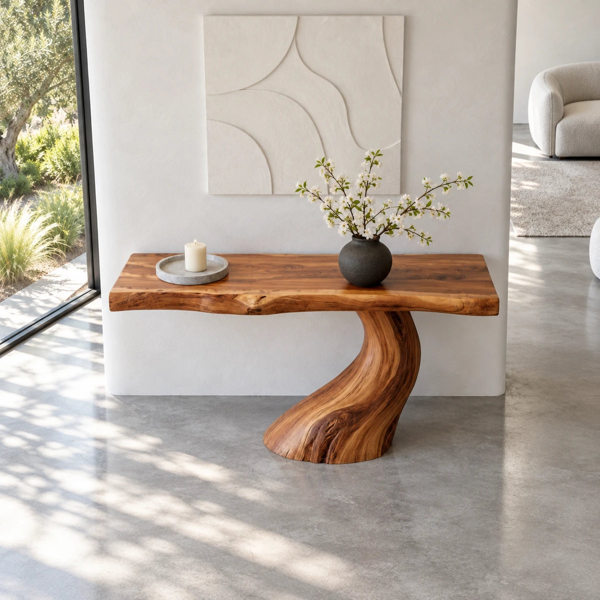 Wood Console Table with Single S-Curve Trunk Pedestal and Live-Edge Slab Top - Arboriswood - 5