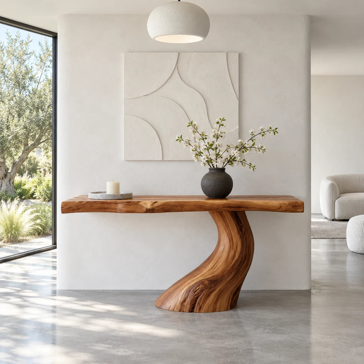 Wood Console Table with Single S-Curve Trunk Pedestal and Live-Edge Slab Top - Arboriswood