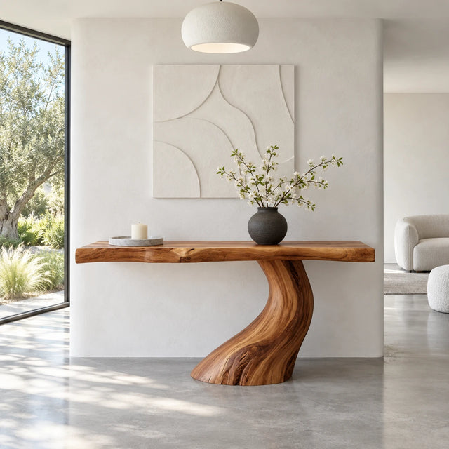Wood Console Table with Single S-Curve Trunk Pedestal and Live-Edge Slab Top - Arboriswood