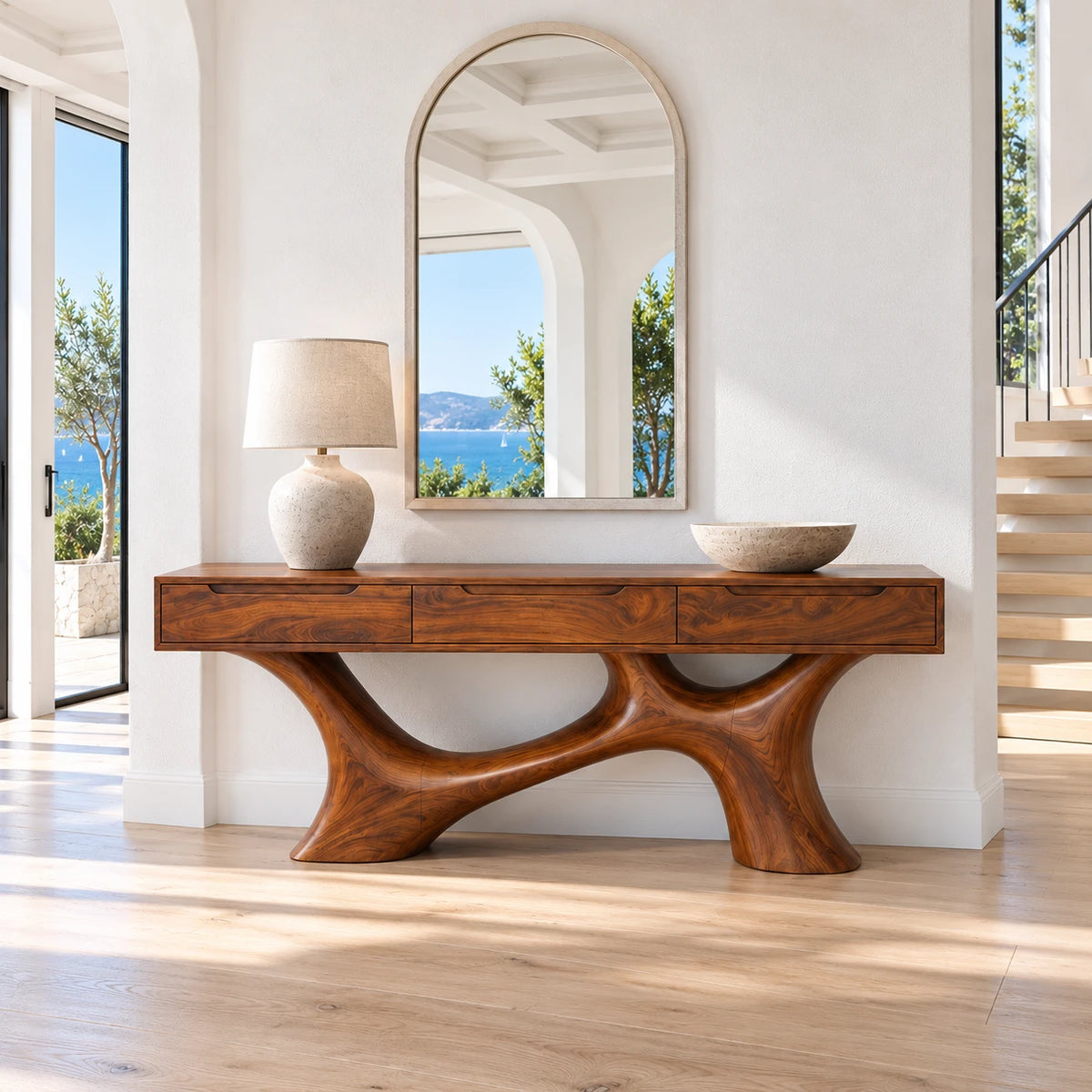 Wood Console Table with Three Flush Drawers and Sculptural Curved Base - Arboriswood - 2