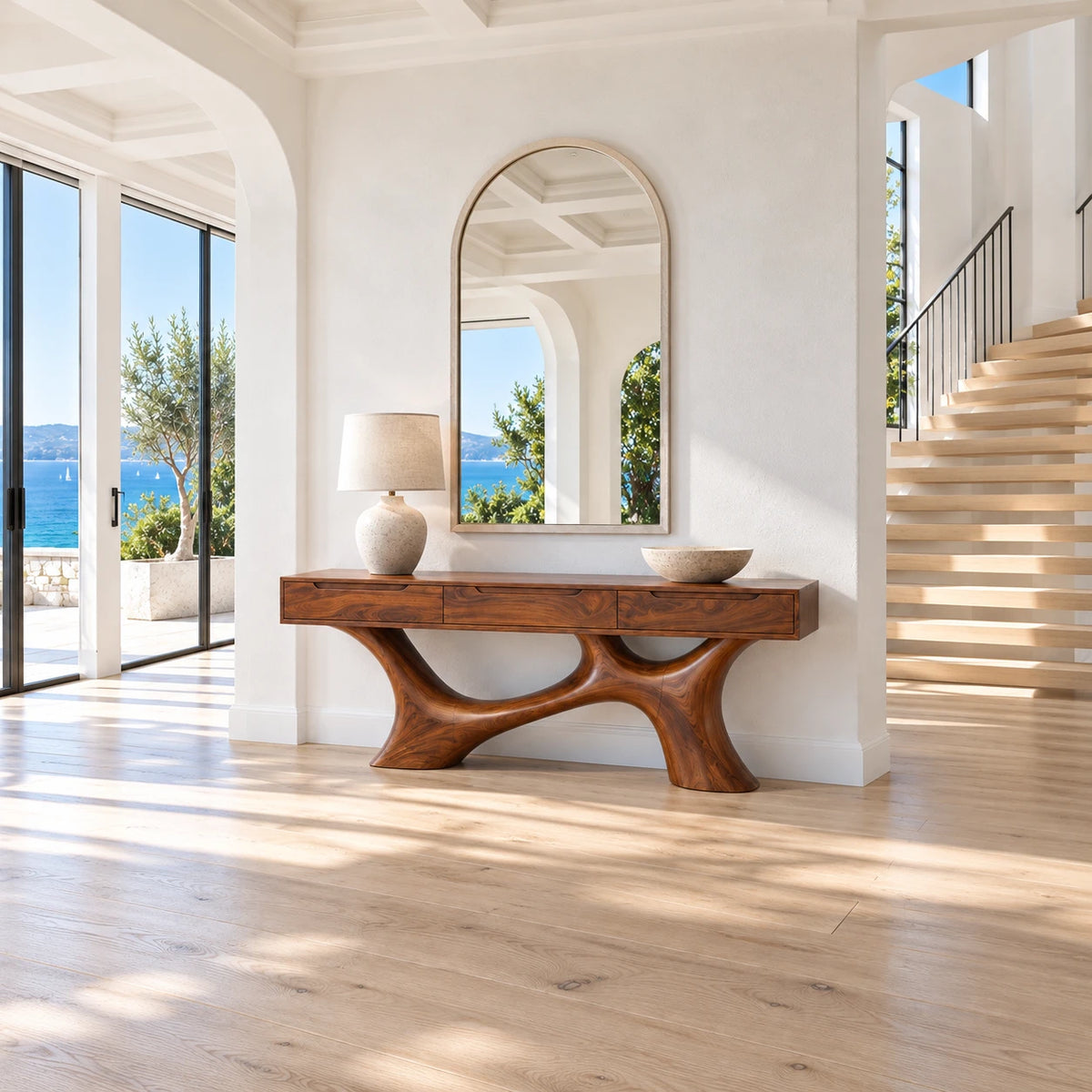 Wood Console Table with Three Flush Drawers and Sculptural Curved Base - Arboriswood - 3