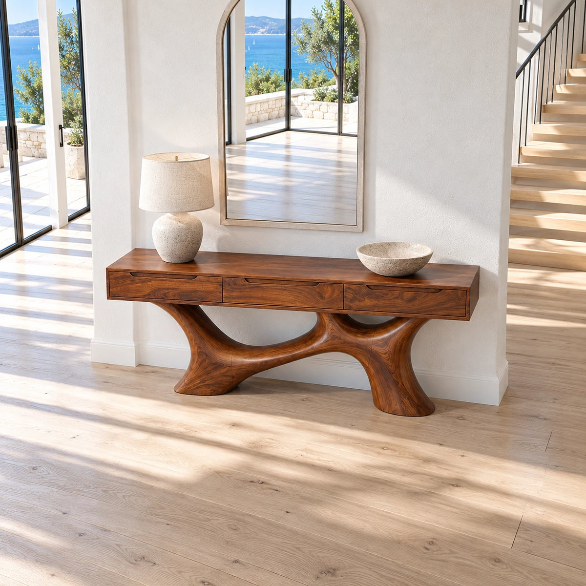 Wood Console Table with Three Flush Drawers and Sculptural Curved Base - Arboriswood - 5