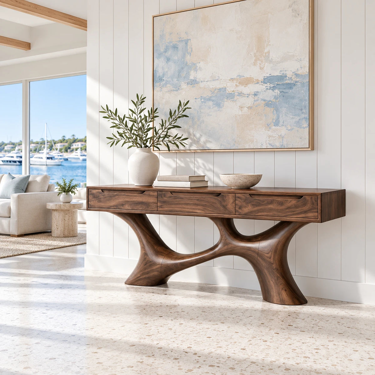 Wood Console Table with Three Flush Drawers and Sculptural Curved Base - Arboriswood - 8