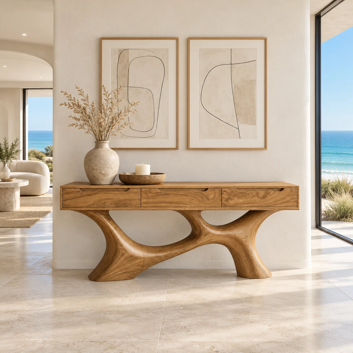 Wood Console Table with Three Flush Drawers and Sculptural Curved Base - Arboriswood - 9