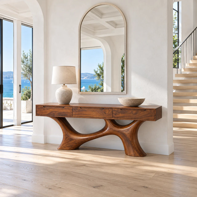 Wood Console Table with Three Flush Drawers and Sculptural Curved Base - Arboriswood