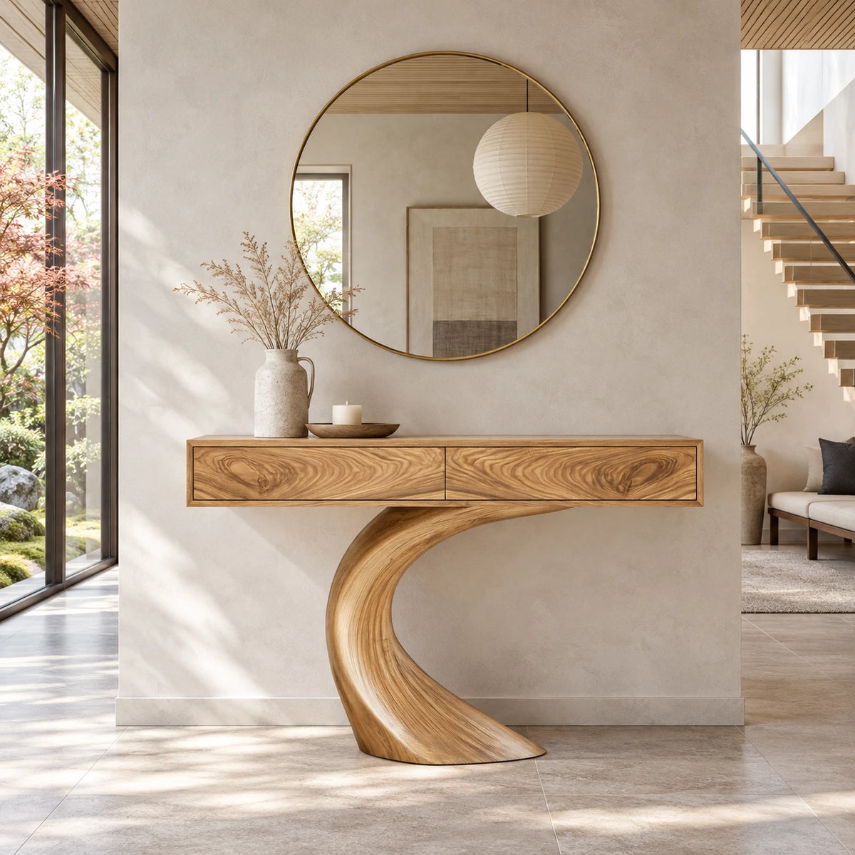 Wood Console Table with Two Drawers and Sculptural Curved Pedestal Base - Arboriswood - 10