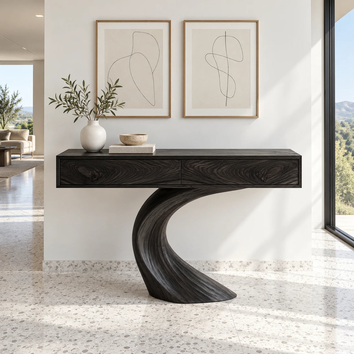 Wood Console Table with Two Drawers and Sculptural Curved Pedestal Base - Arboriswood - 11