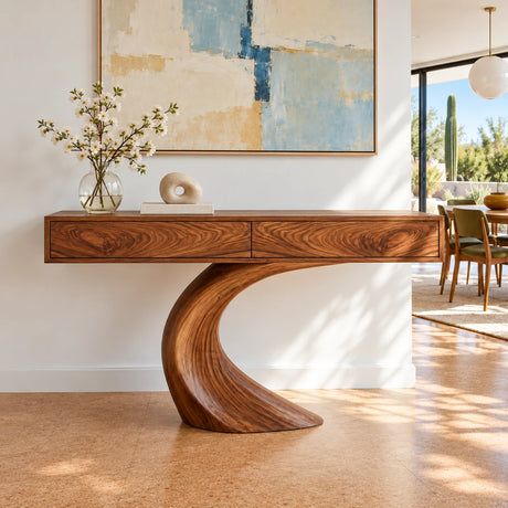 Wood Console Table with Two Drawers and Sculptural Curved Pedestal Base - Arboriswood - 2